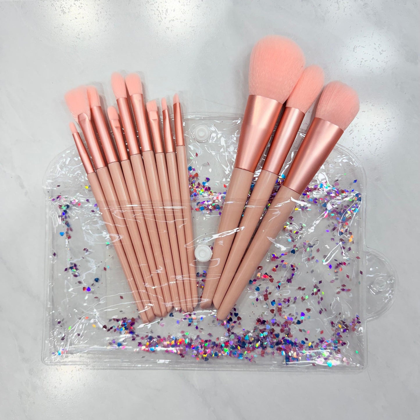 Kit Brochas Oro Rosa x12 Unidades Ojos y Rostro con Cosmetiquera Confeti DREAM06 IMPORTADOS