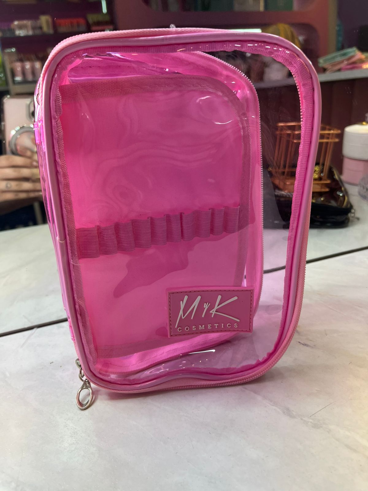 Cosmetiquera Transparente y Rosa Con separador para Brochas MYK-936