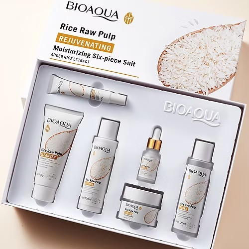 Kit Arroz Bioaqua: Jabón, Tónico, Serum, Crema, Locion, Contorno ojos