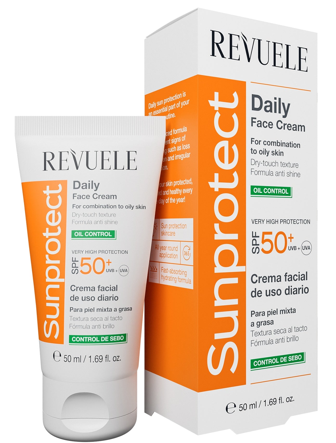 Protector Solar Y Crema Facial Diaria Control De Brillo SPF 50 Revuele - 50ML