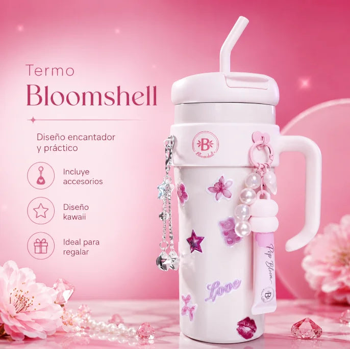 Termo Bloom Steel Con Pitillo, Charms, Stickers y Brillo Hidratante Bloomshell