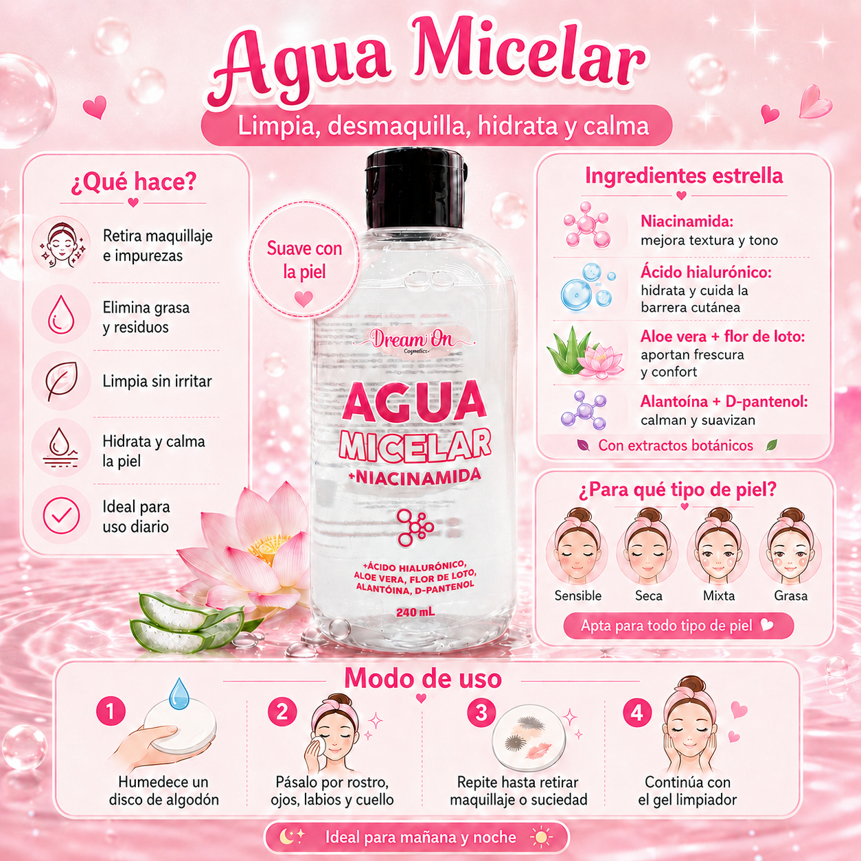 Agua Micelar Desmaquillante Acido Hialuronico 240 mL Dream On Cosmetics DRM20