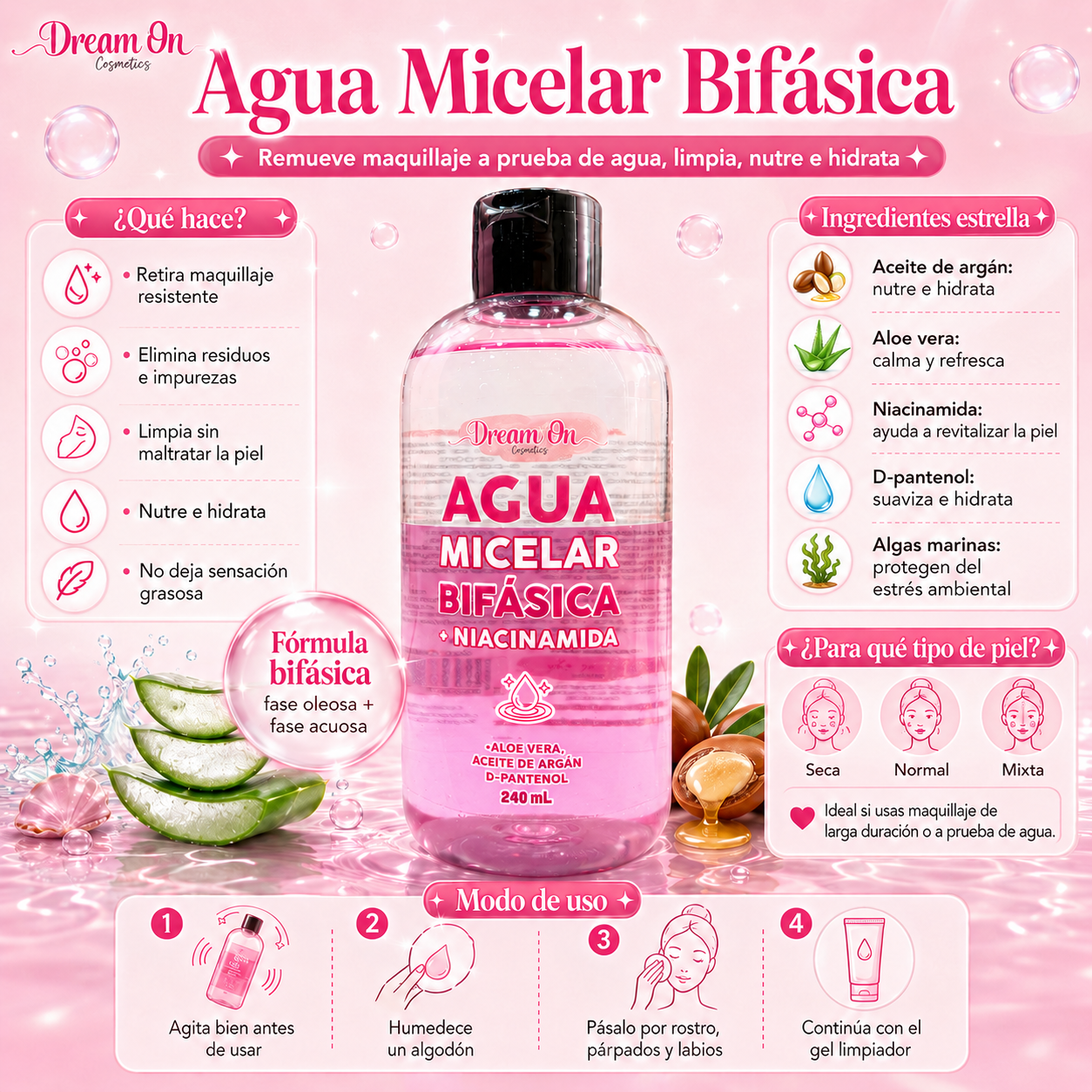 Agua Micelar Bifasica Desmaquillante Niacinamida 240 mL Dream On Cosmetics DRM21