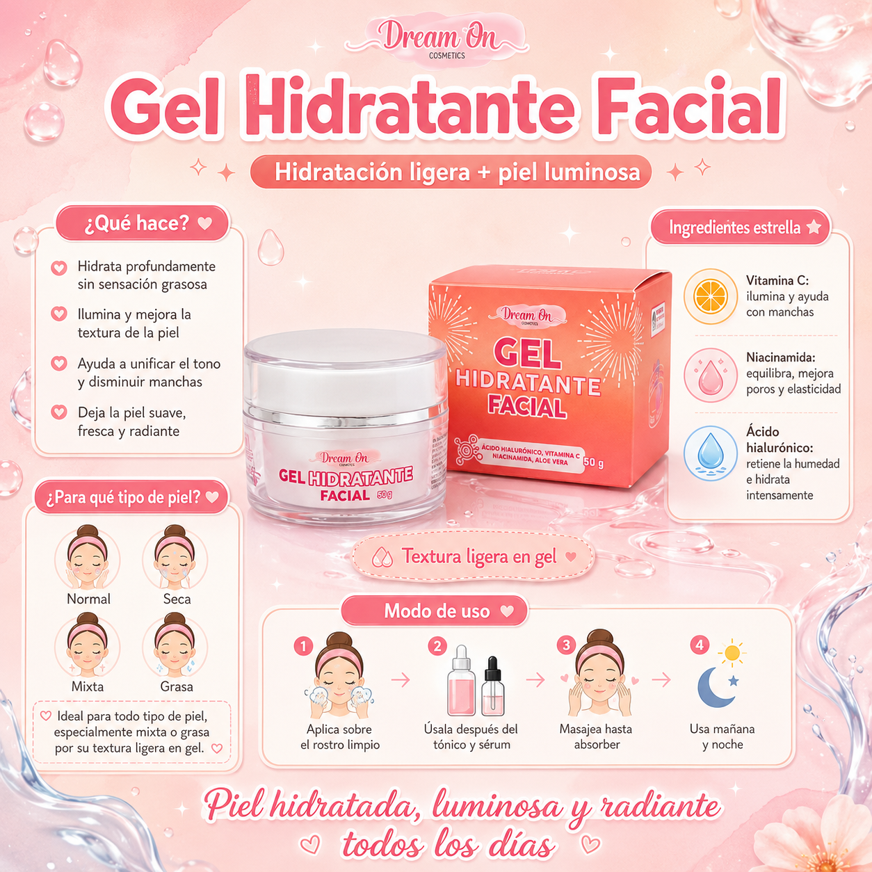 Crema Facial Hidratante en Gel - Vitamina C y Niacinamida 50g - Dream On DRM09