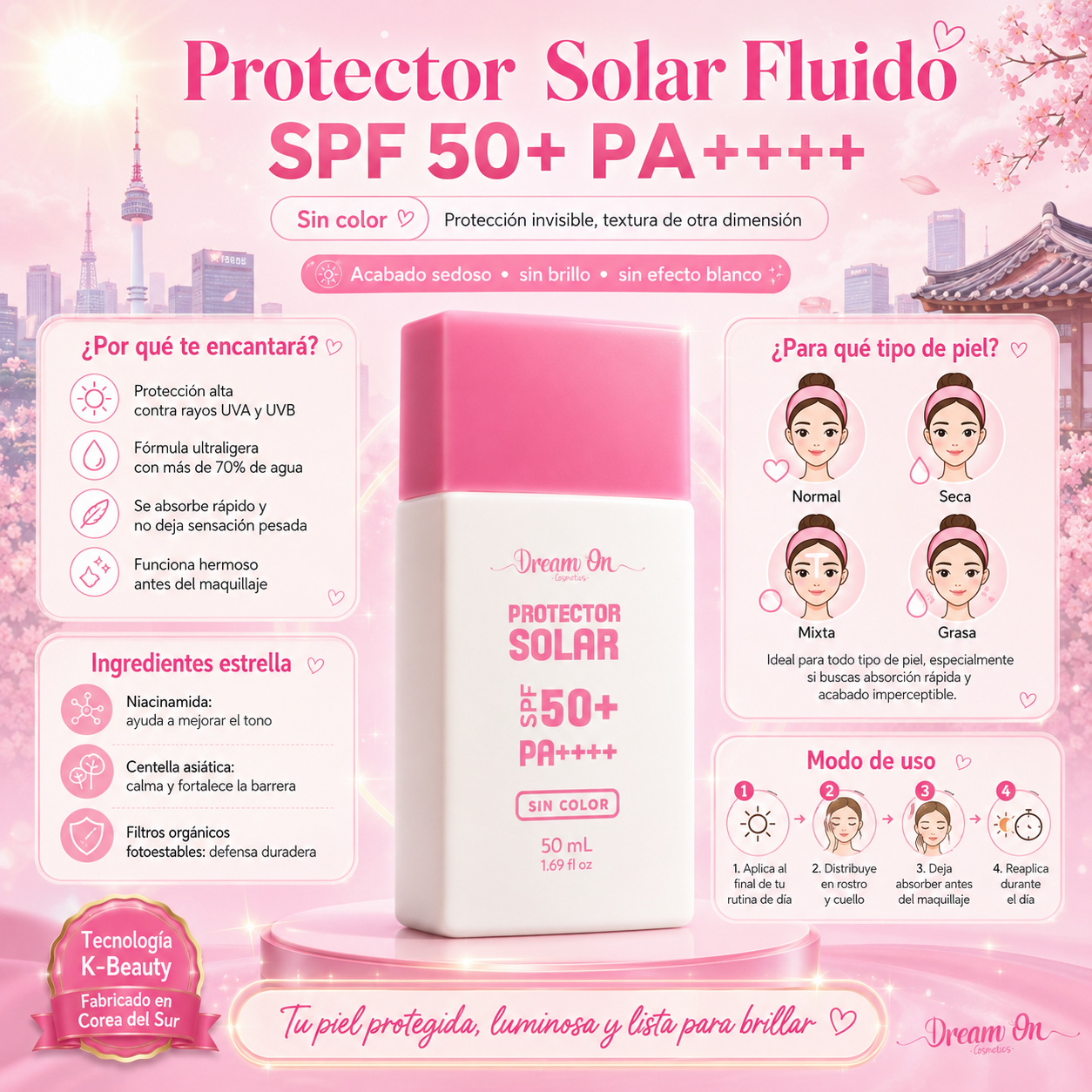 Protector Solar Fluido SPF 50+ PA++++ Transparente Dream On Cosmetics Hecho en Corea DRM67