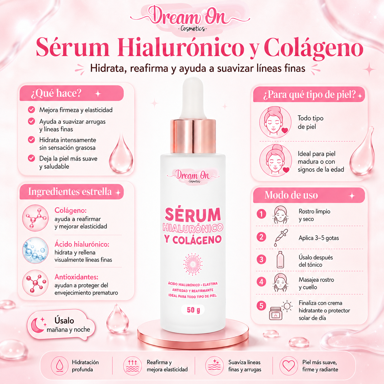 Serum Facial Antiedad Colageno Y Acido Hialuronico 50g |Dream On Cosmetics DRM03