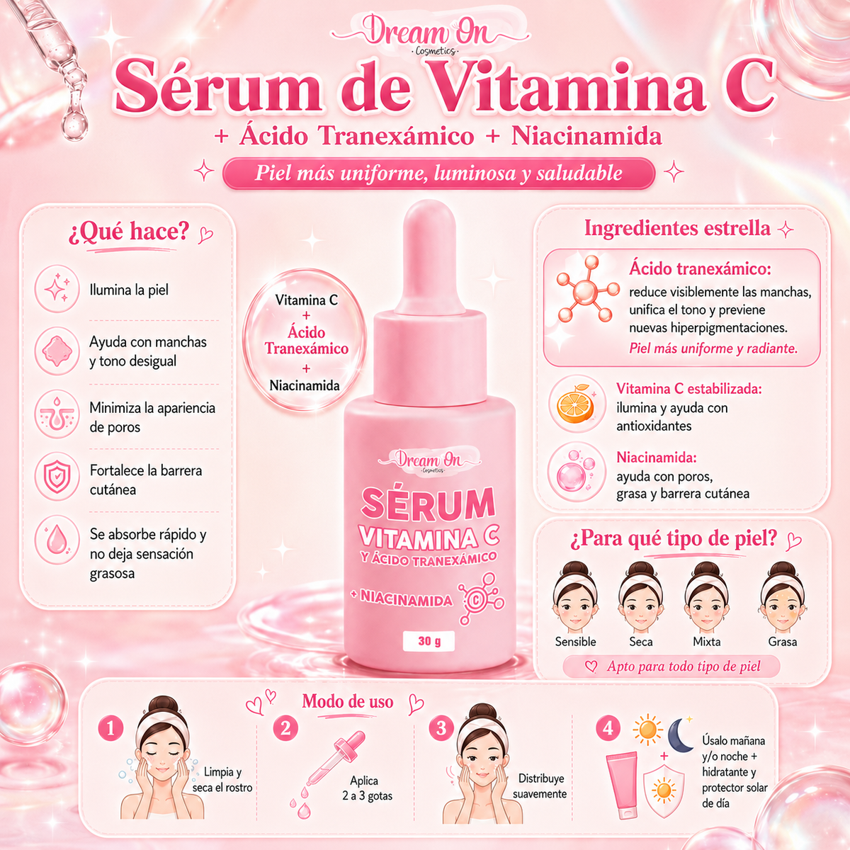 Serum De Vitamina C Con Niacinamida Y Acido Tranexamico Dream On Cosmetics DRM19 30g