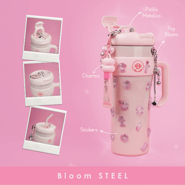 Termo Bloom Steel Con Pitillo, Charms, Stickers y Brillo Hidratante Bloomshell