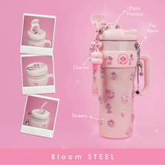 Termo Bloom Steel Con Pitillo, Charms, Stickers y Brillo Hidratante Bloomshell