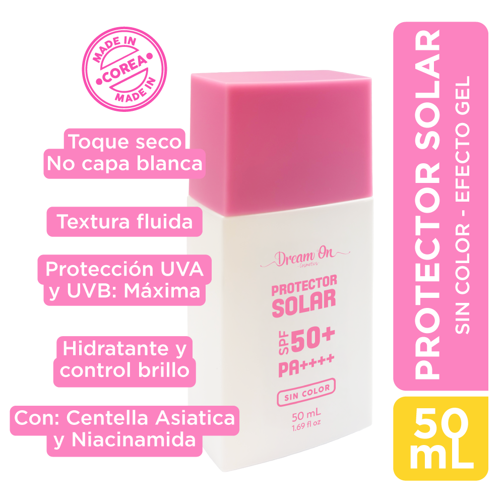 Protector Solar Fluido SPF 50+ PA++++ Transparente Dream On Cosmetics Hecho en Corea DRM67