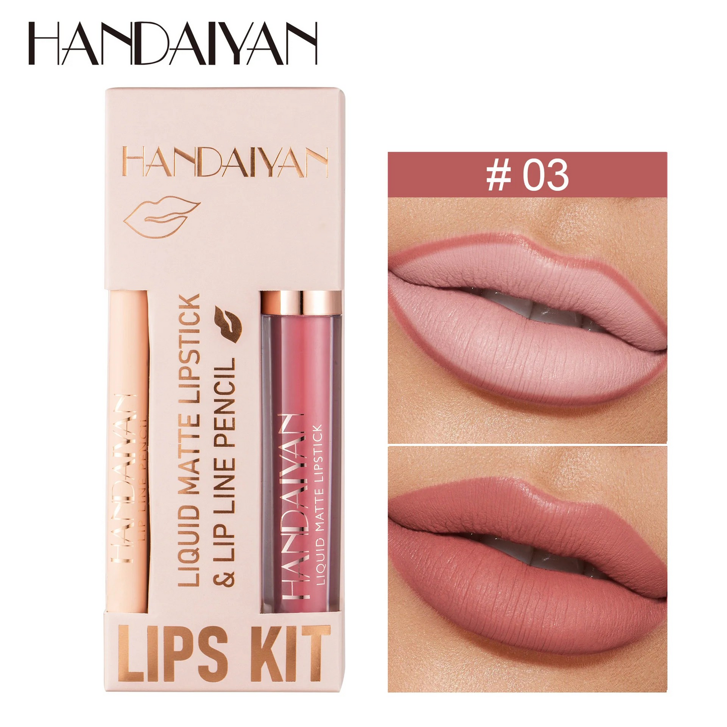 Kit con Lápiz Delineador de Labios + Labial Liquido Matte Handaiyan H1210