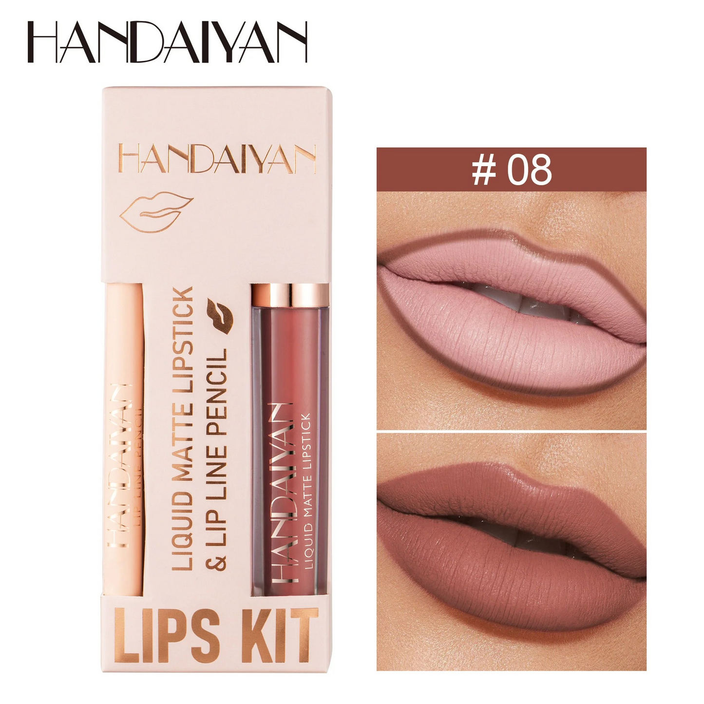 Kit con Lápiz Delineador de Labios + Labial Liquido Matte Handaiyan H1210